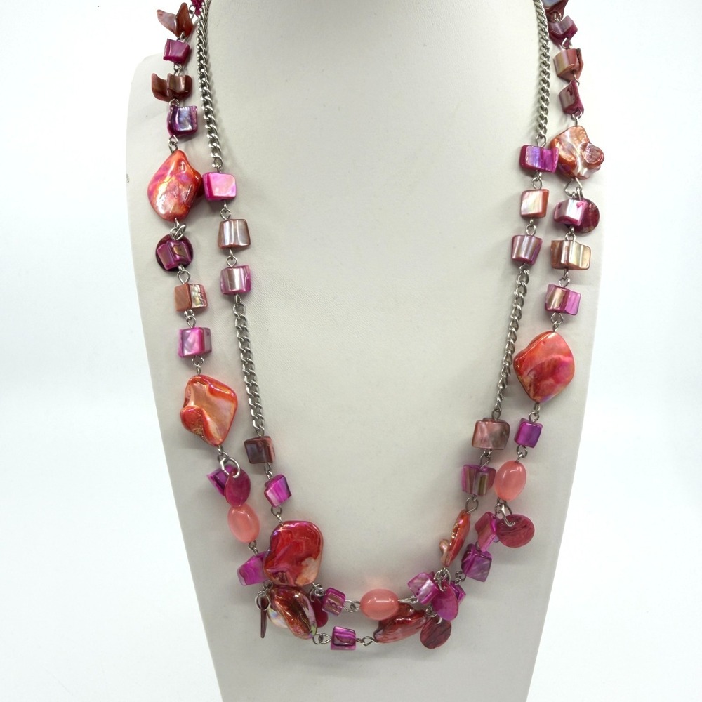 Multi-Strand Shell Necklace Pink Coral Red Boho Festival Chic Statement 19in